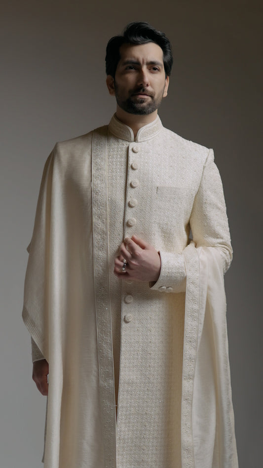 Light Beige Chikkan Kari Sherwani with all over hand work & Shawl - Custom Order
