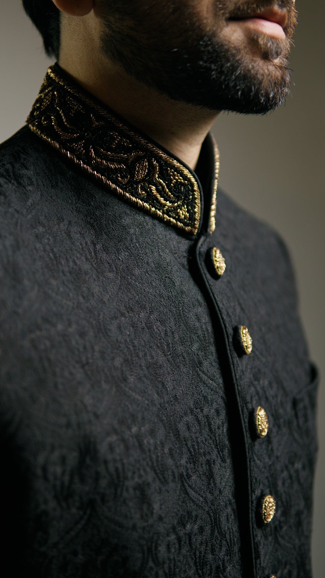 Black Kashida Kari Sherwani with Dark Gold Embroidery - Custom Order