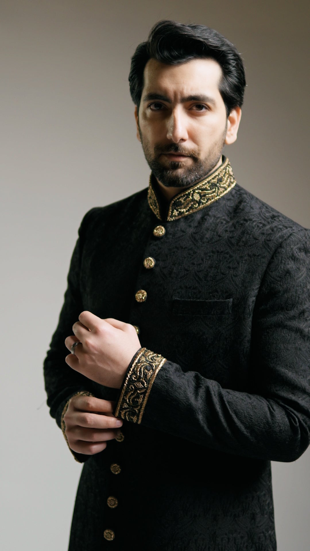 Black Kashida Kari Sherwani with Dark Gold Embroidery - Custom Order