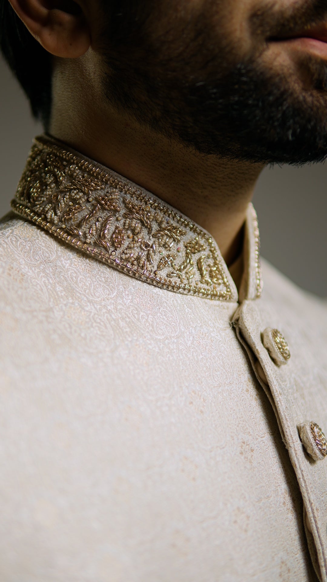 Jamawar - Cream and Light Gold Sherwani - Custom Order