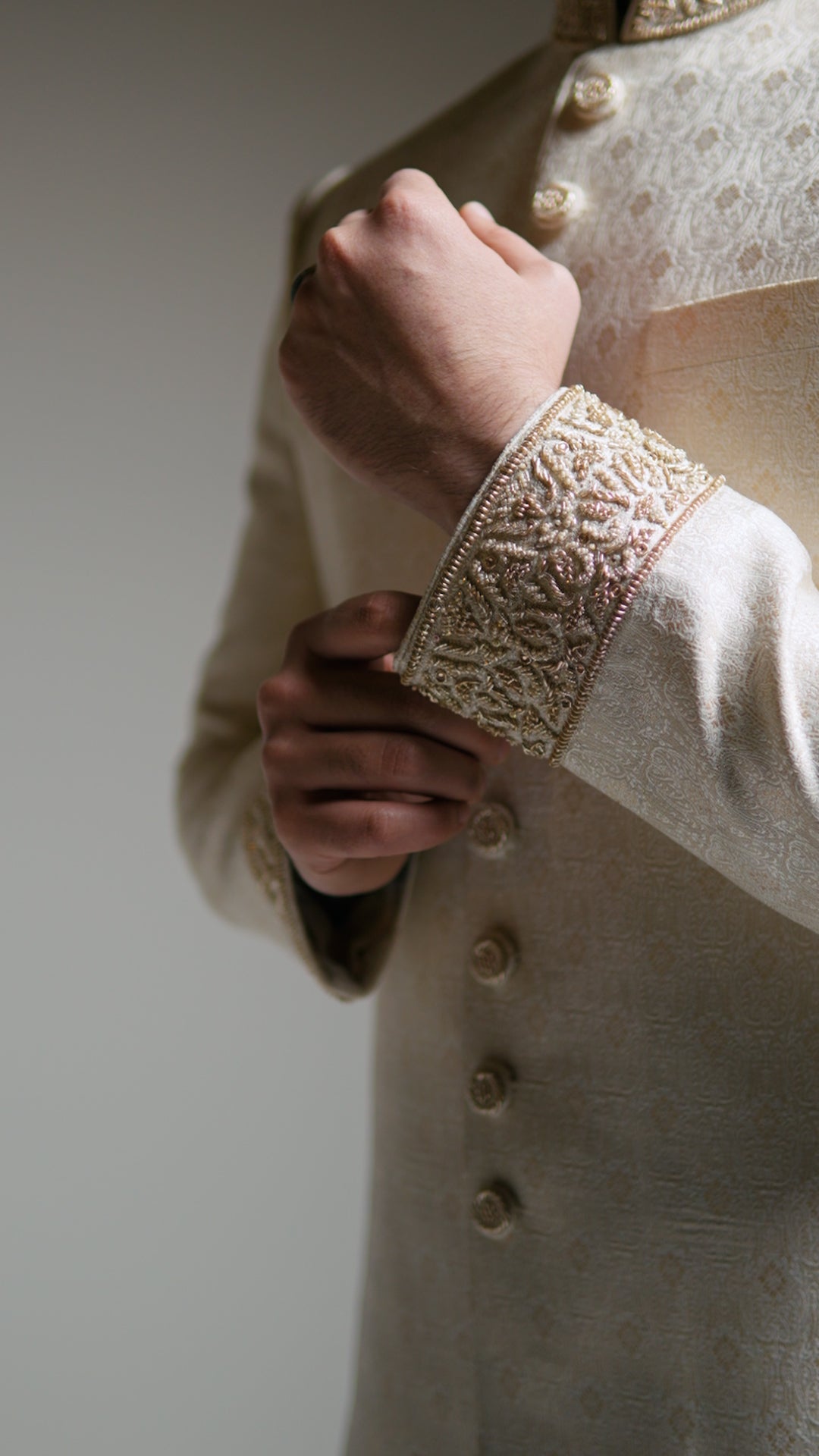 Jamawar - Cream and Light Gold Sherwani - Custom Order