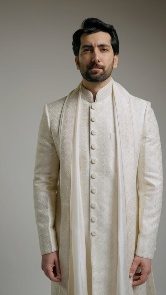 Offwhite Self Embroidery Sherwani with Ivory Accents & Shawl - Custom Order