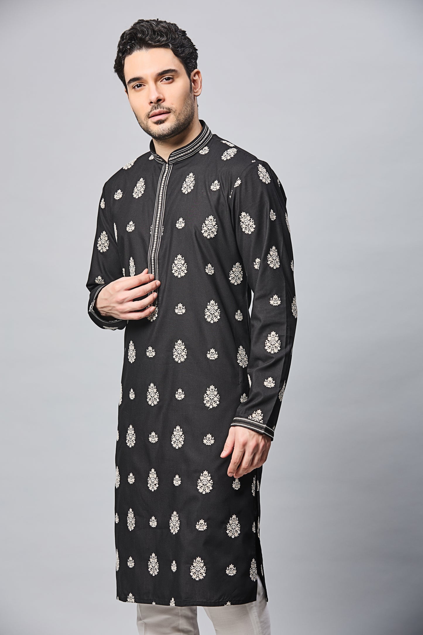 Black with White Embroidery Kurta Set