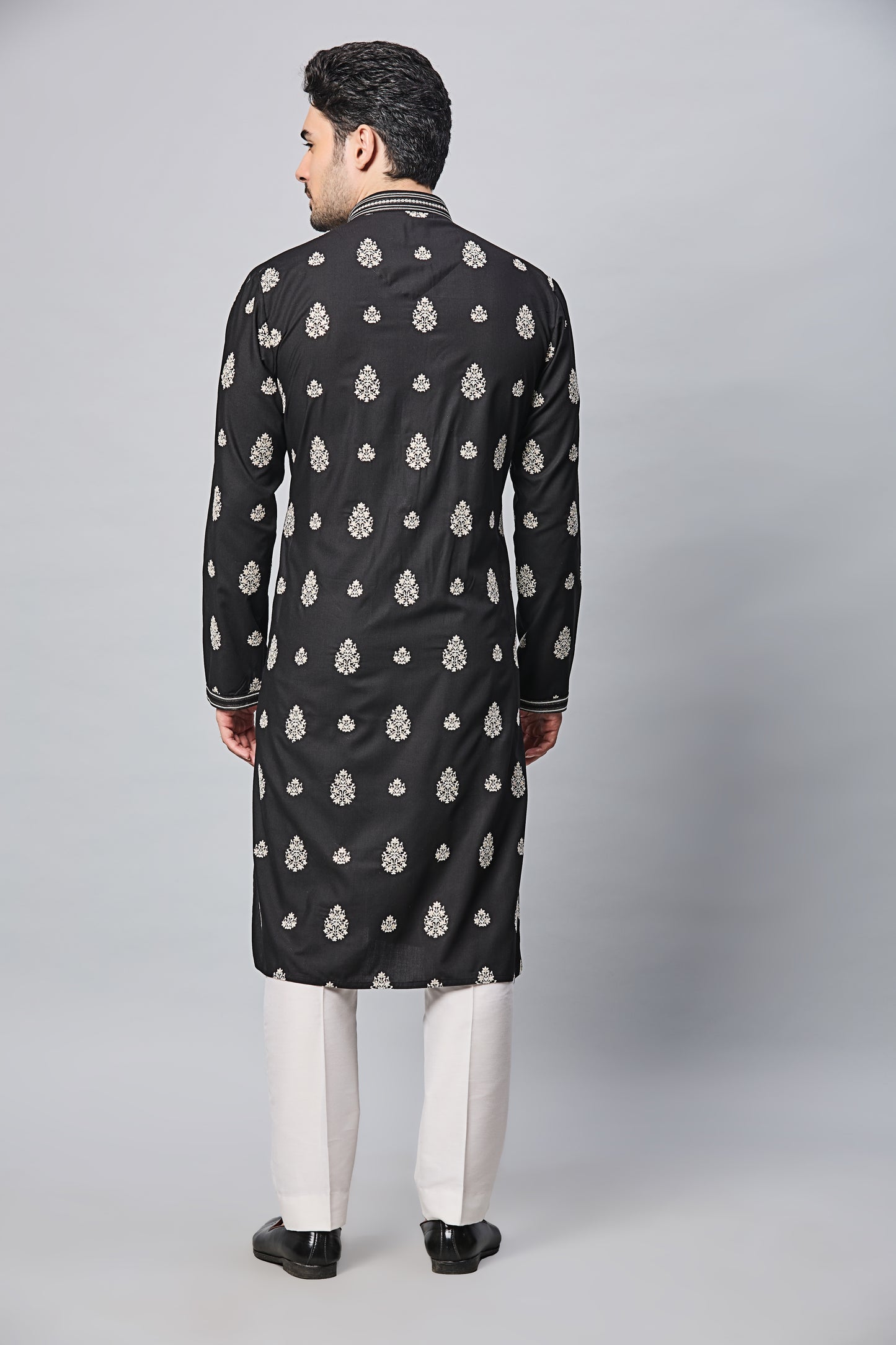 Black with White Embroidery Kurta Set