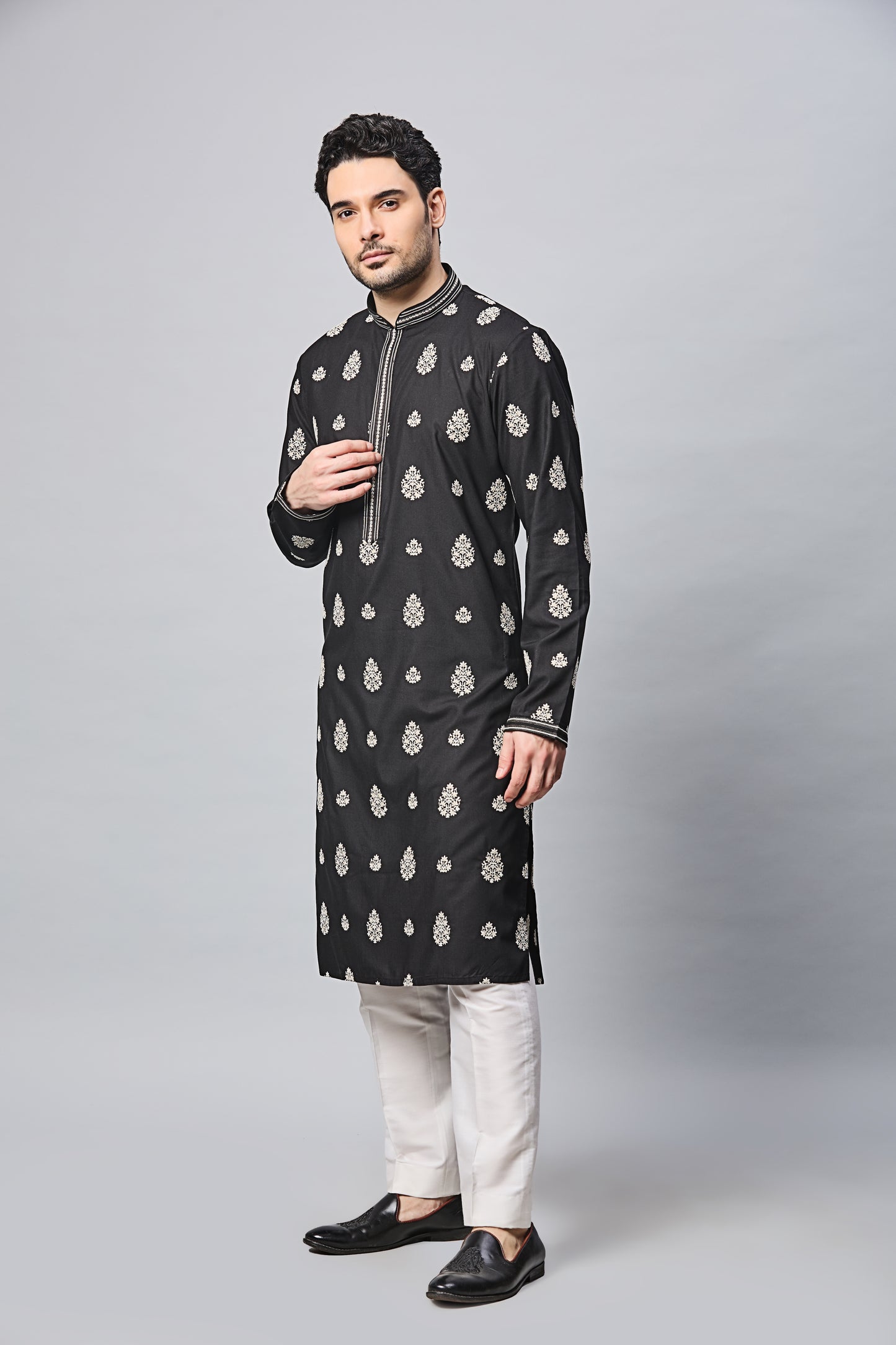 Black with White Embroidery Kurta Set