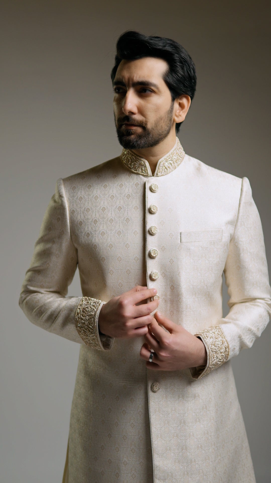 Jamawar - Cream and Light Gold Sherwani - Custom Order