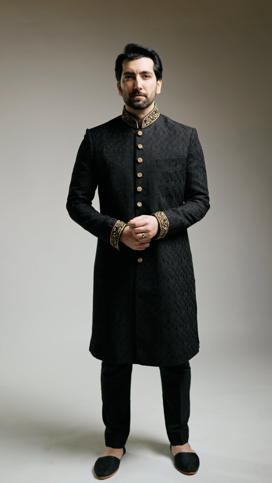 Black Kashida Kari Sherwani with Dark Gold Embroidery - Custom Order