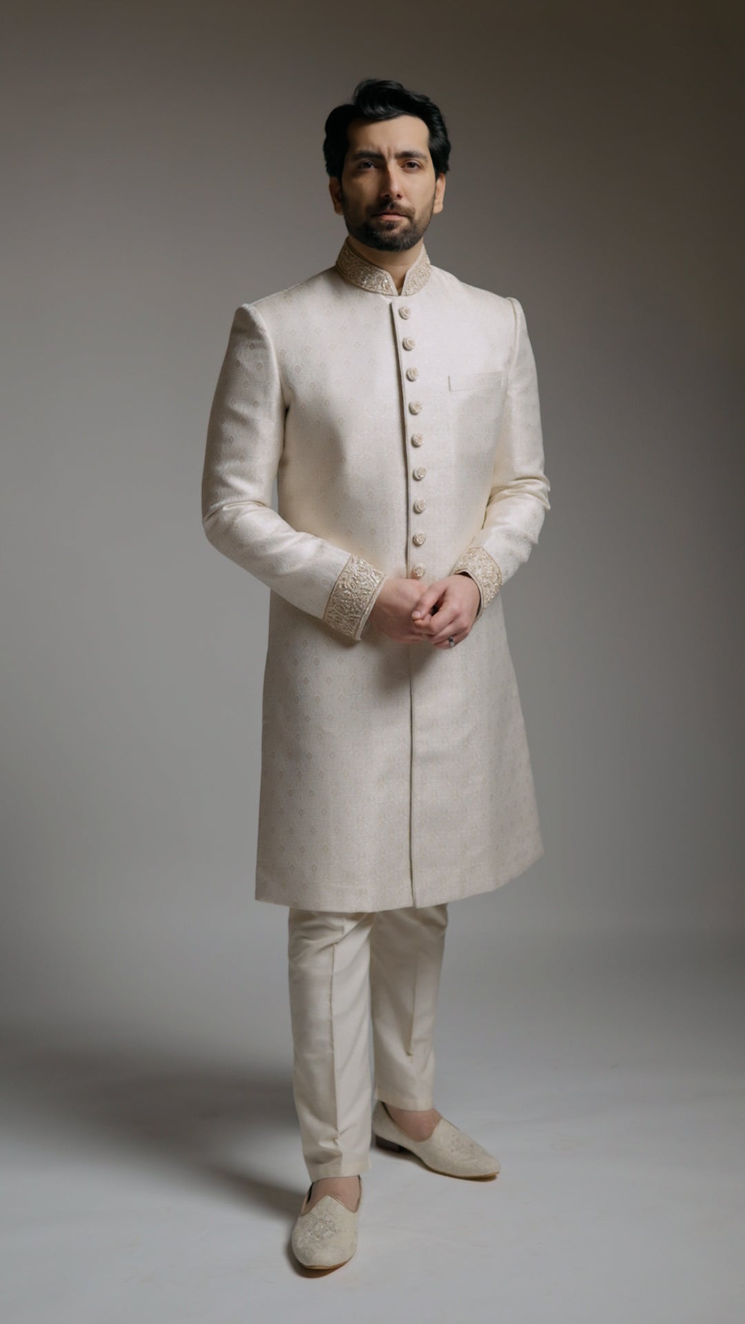 Jamawar - Cream and Light Gold Sherwani - Custom Order