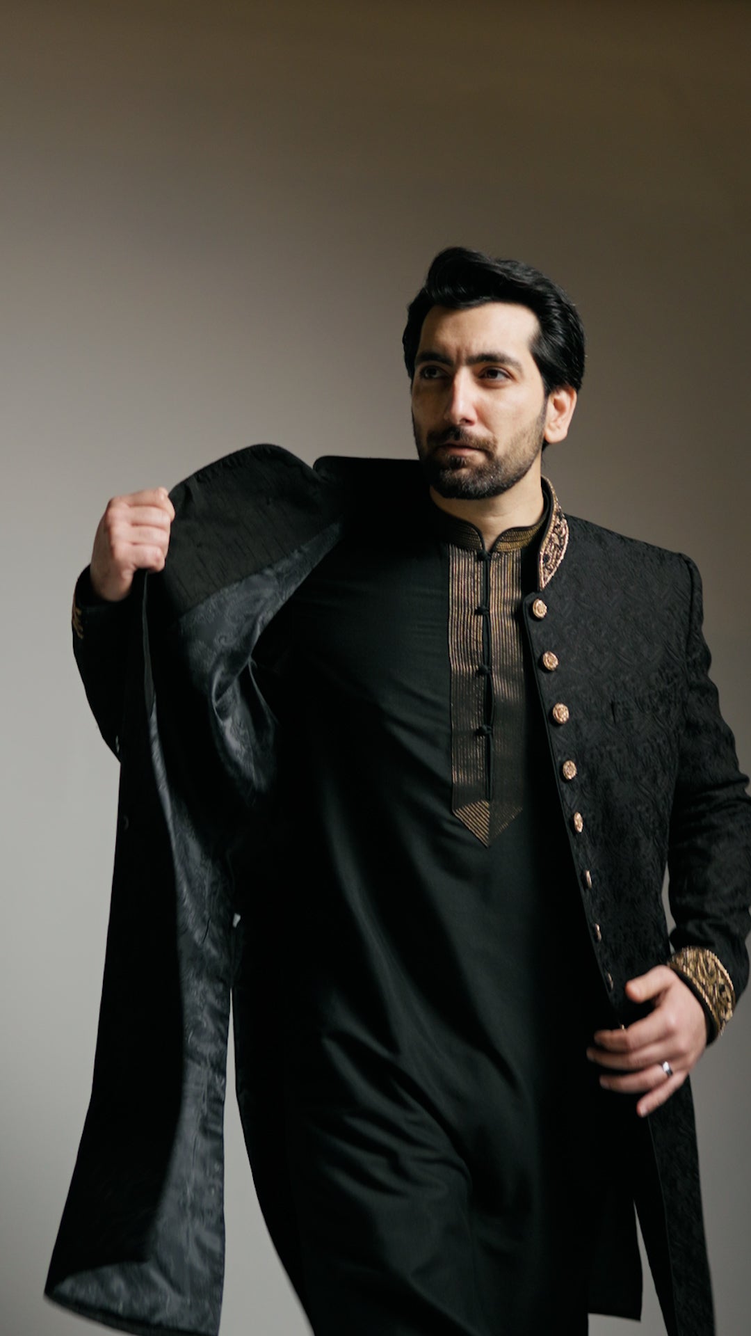 Black Kashida Kari Sherwani with Dark Gold Embroidery - Custom Order