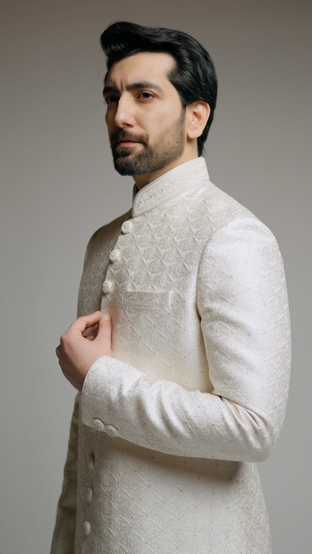 Offwhite Self Embroidery Sherwani with Ivory Accents & Shawl - Custom Order