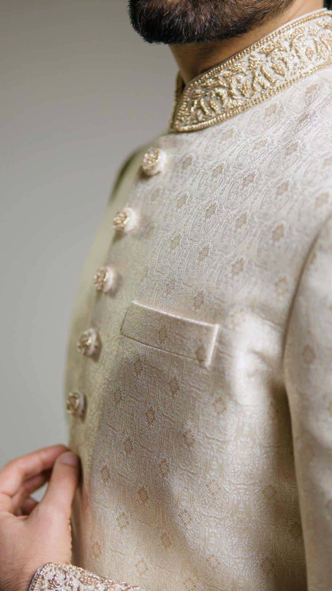 Jamawar - Cream and Light Gold Sherwani - Custom Order