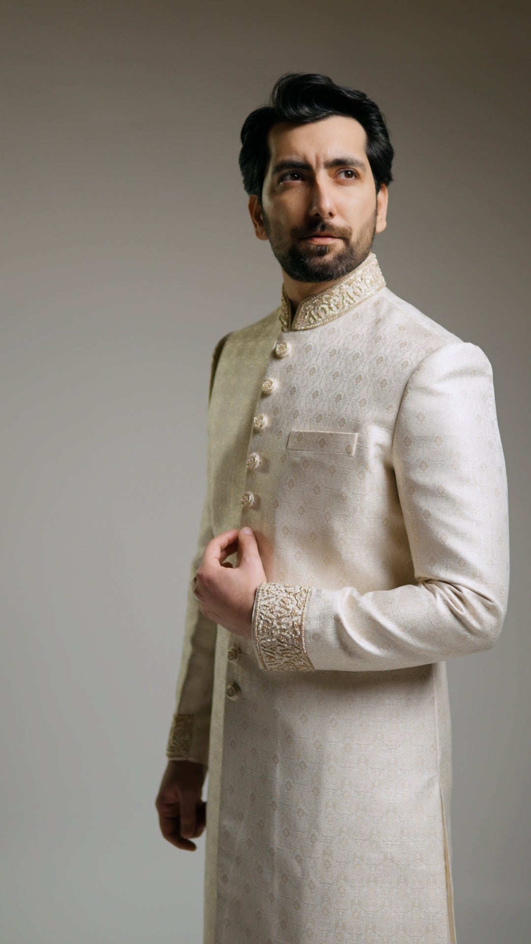 Jamawar - Cream and Light Gold Sherwani - Custom Order