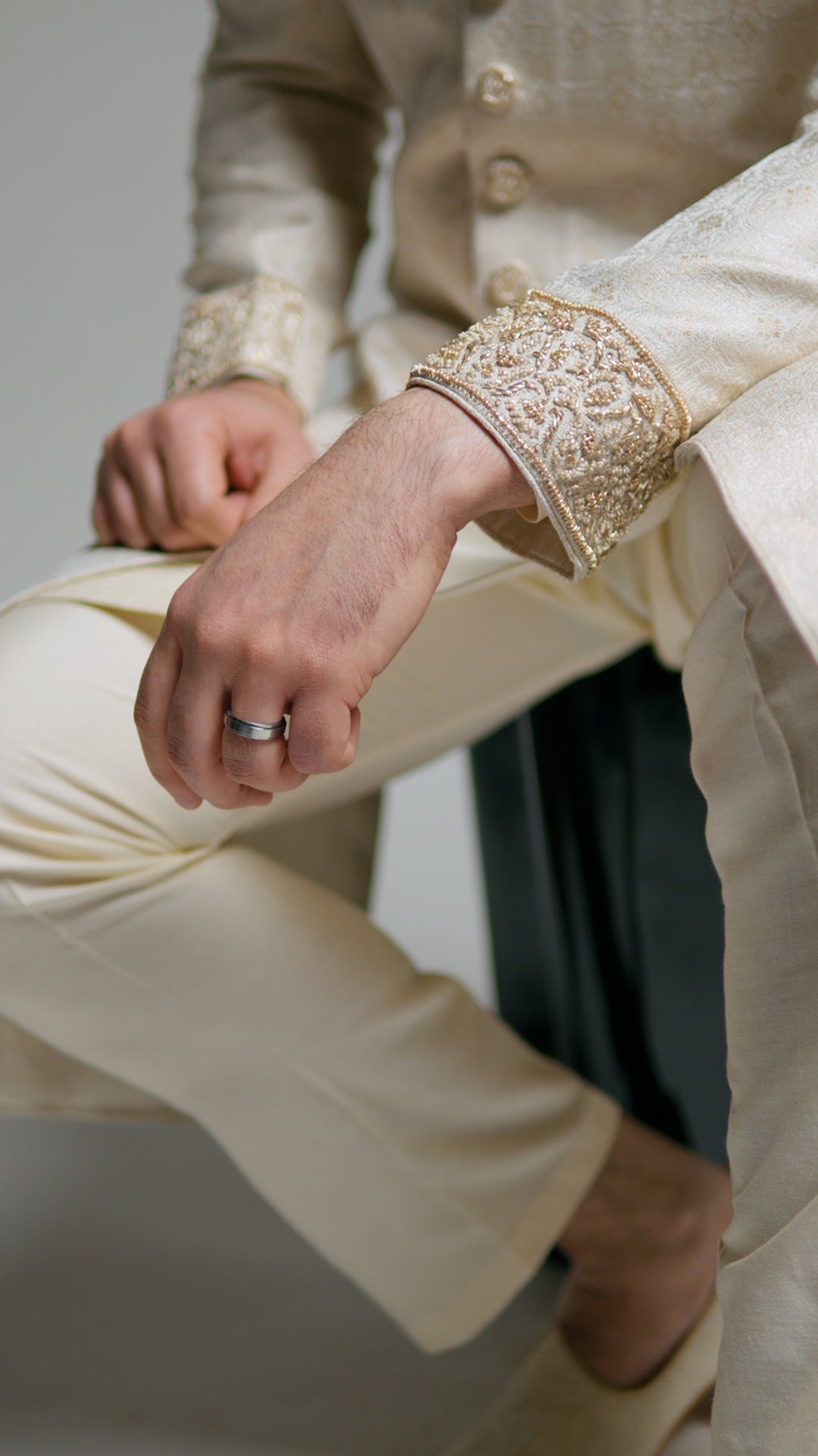 Jamawar - Cream and Light Gold Sherwani - Custom Order