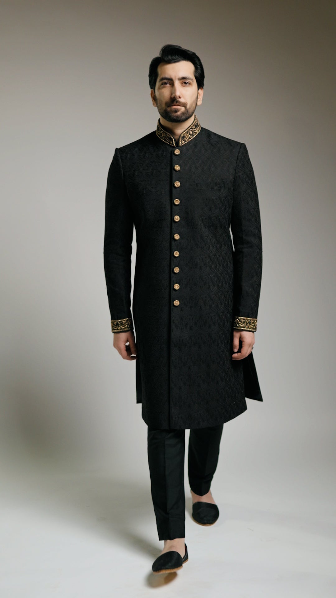Black Kashida Kari Sherwani with Dark Gold Embroidery - Custom Order