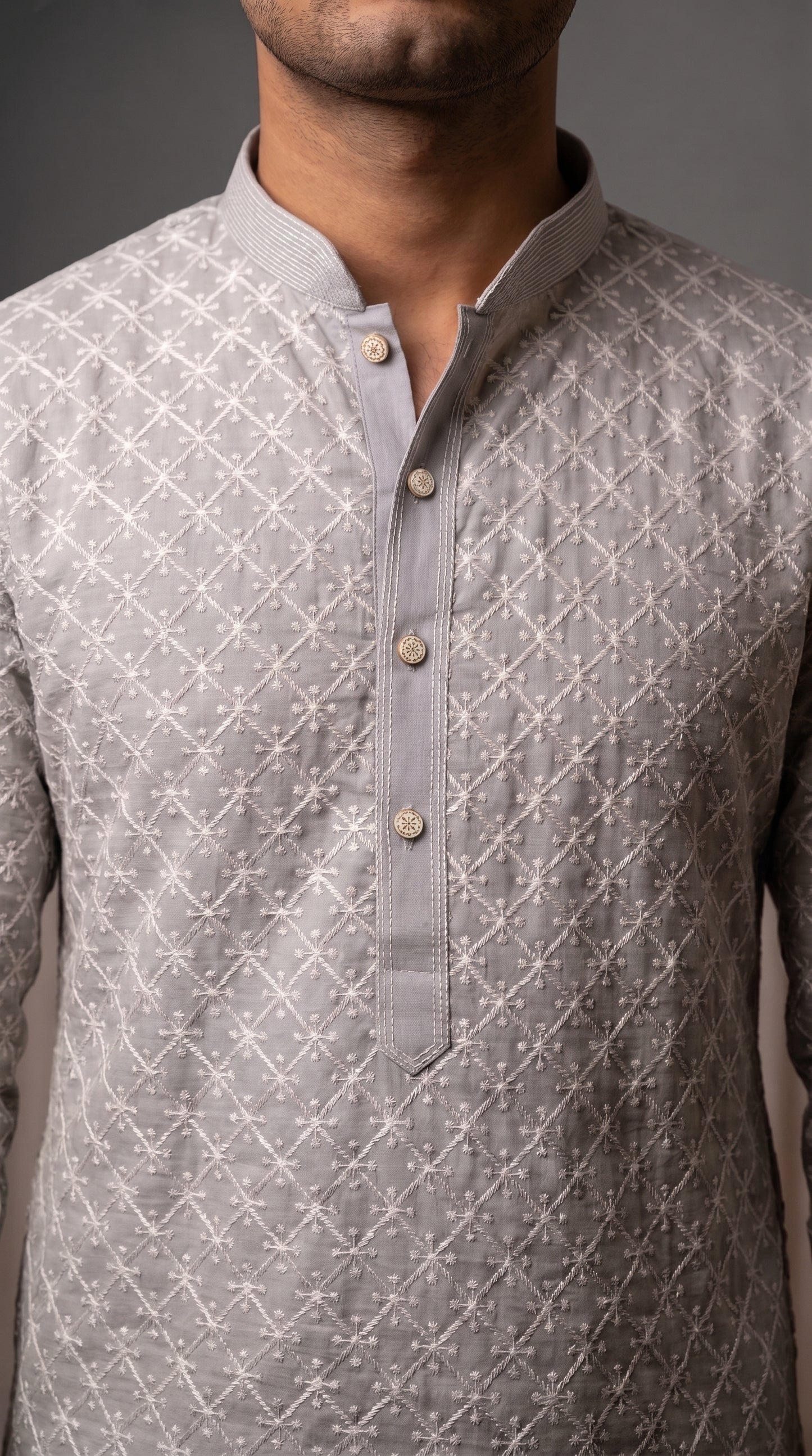 Chikkan Kari Kurta Set with white embroidery - Dusty Lavender