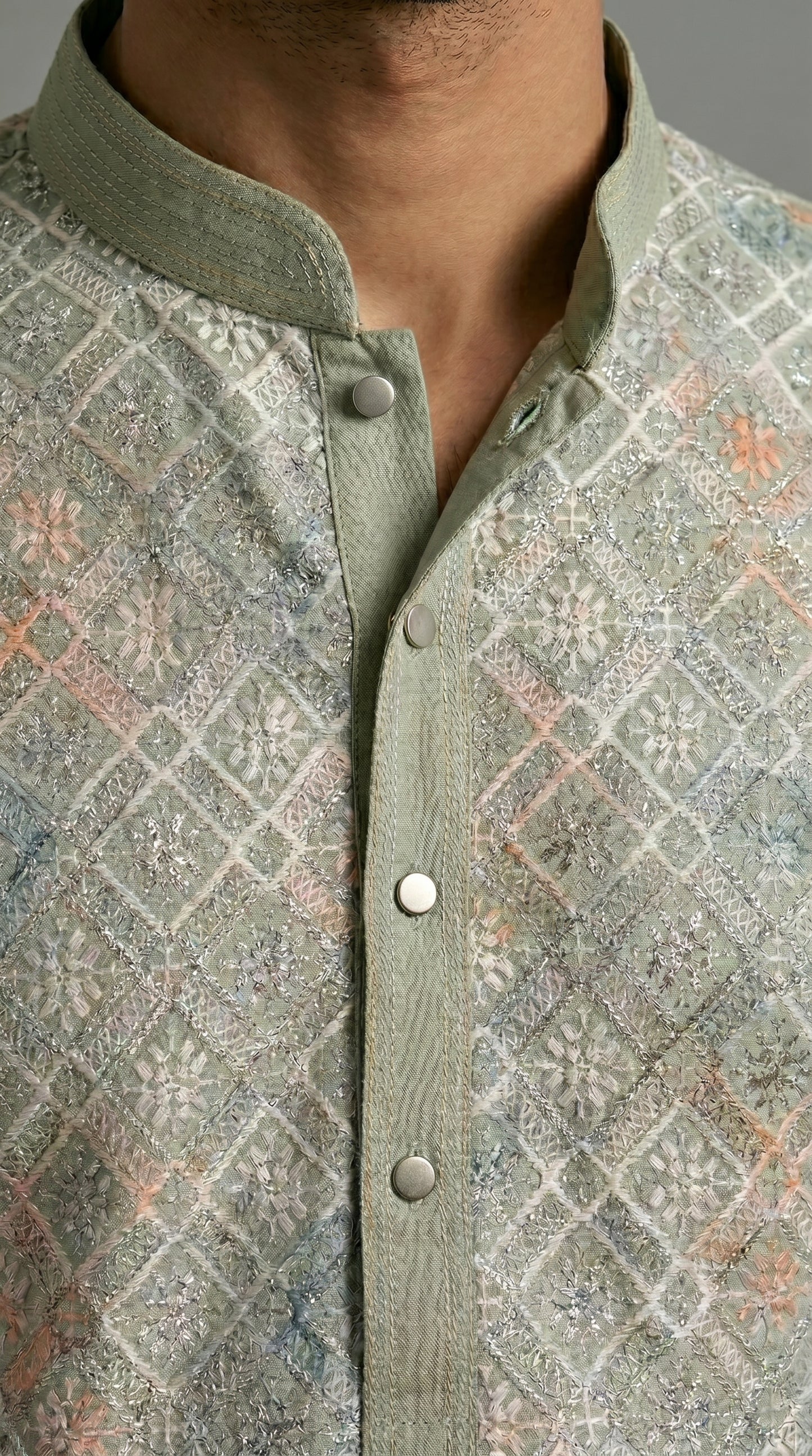 Chikkan Kari Embroidered Kurta Set with Silver Thread - Sage Green Multicolor