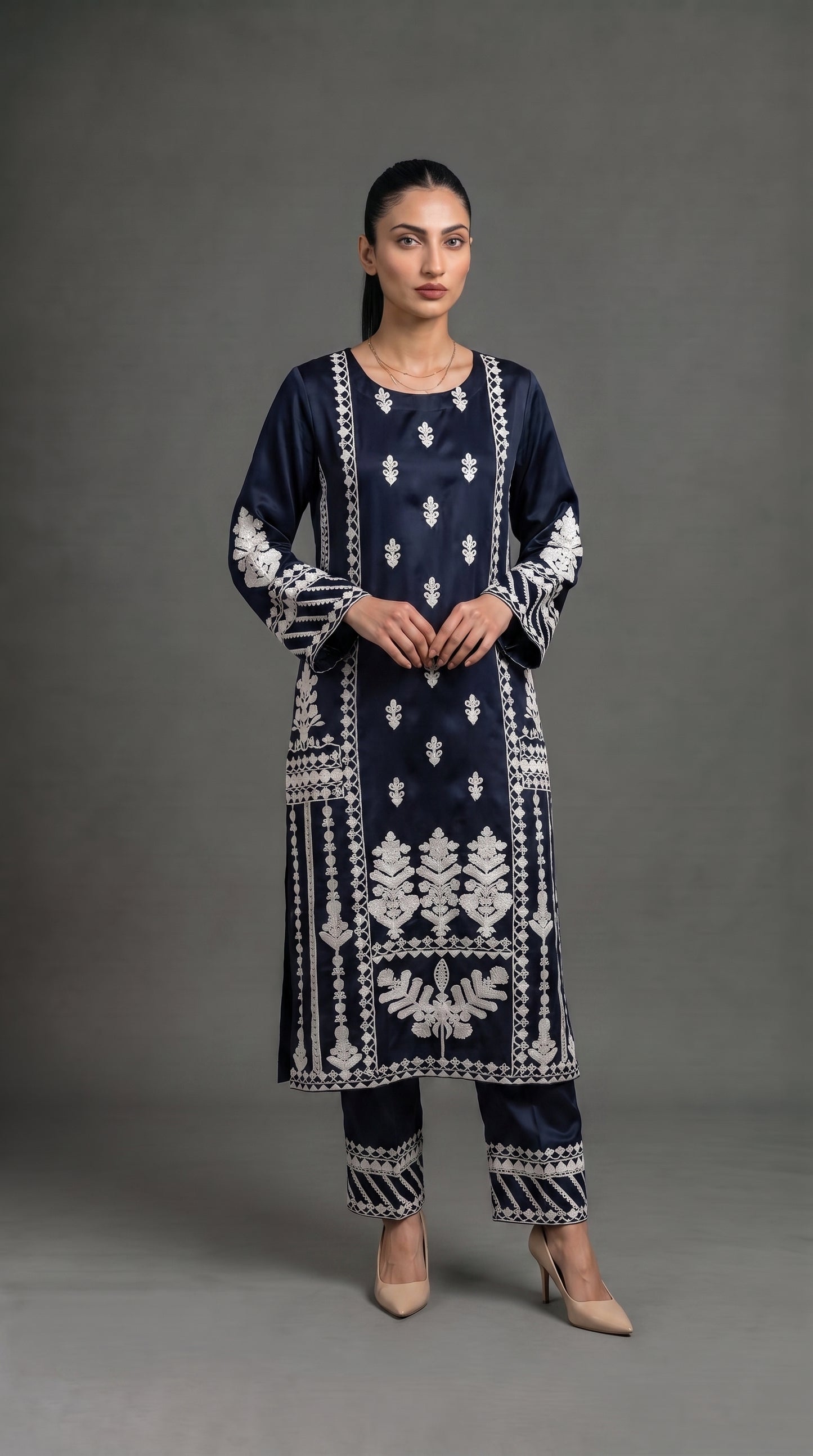 Midnight Navy Embroidered Satin Silk 2-Piece Suit
