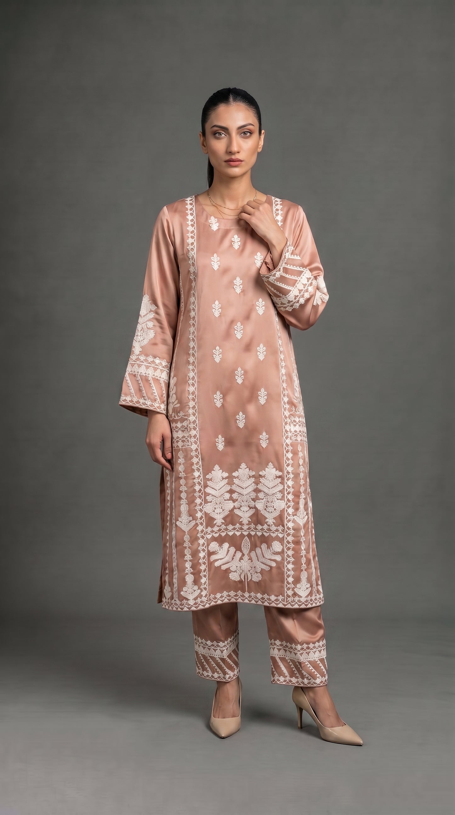 Rose Dust Embroidered Satin Silk 2-Piece Suit