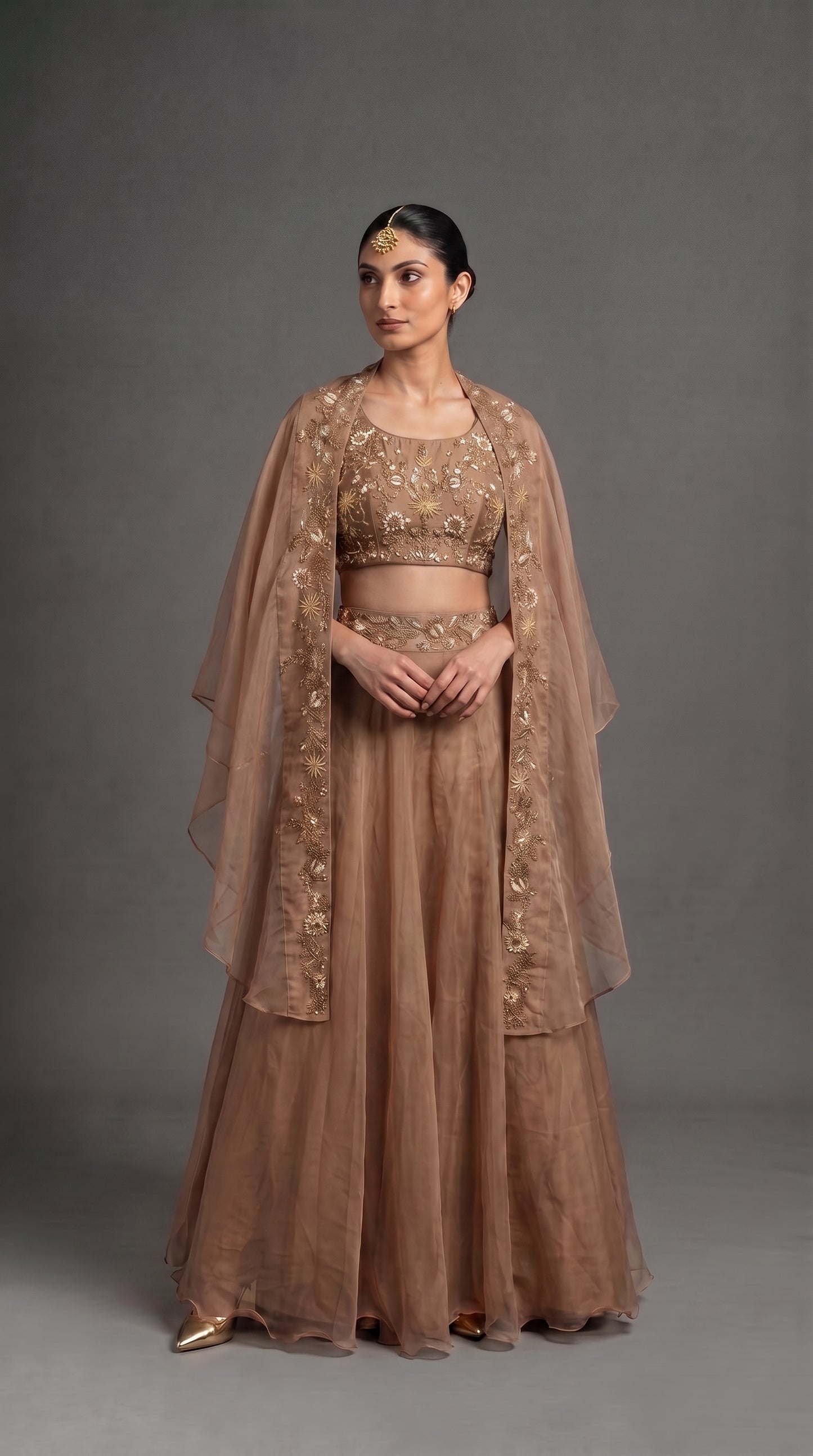 Champagne Nude Embroidered Lehenga Choli with Cape