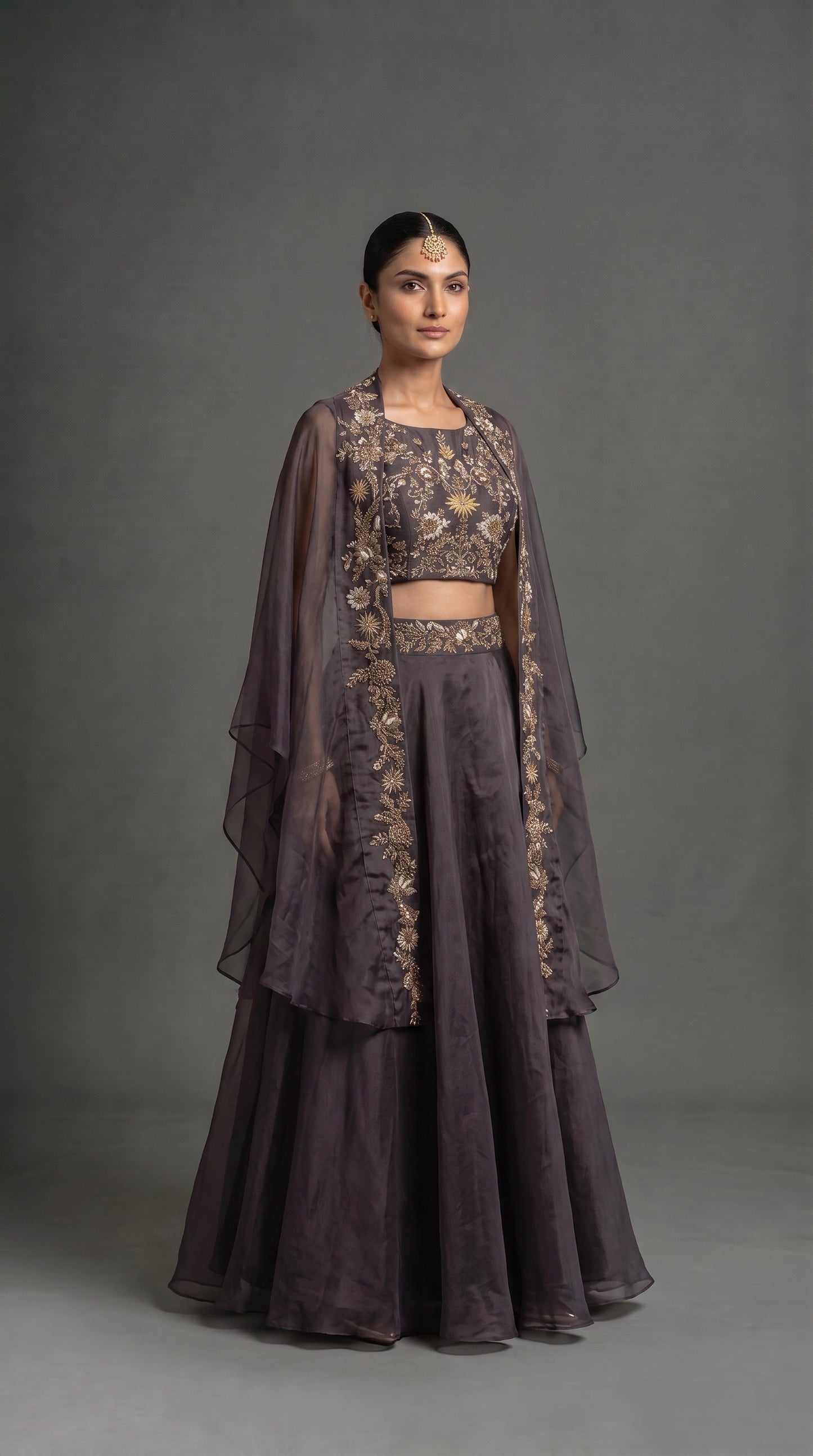 Charcoal Slate Embroidered Lehenga Choli with Cape