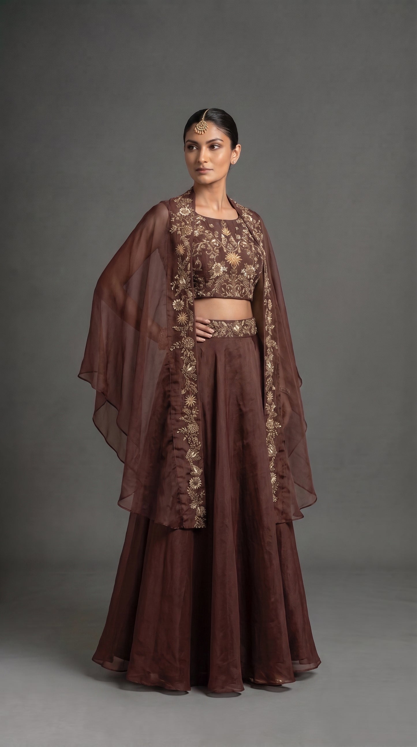 Deep Mocha Brown Embroidered Lehenga Choli with Cape