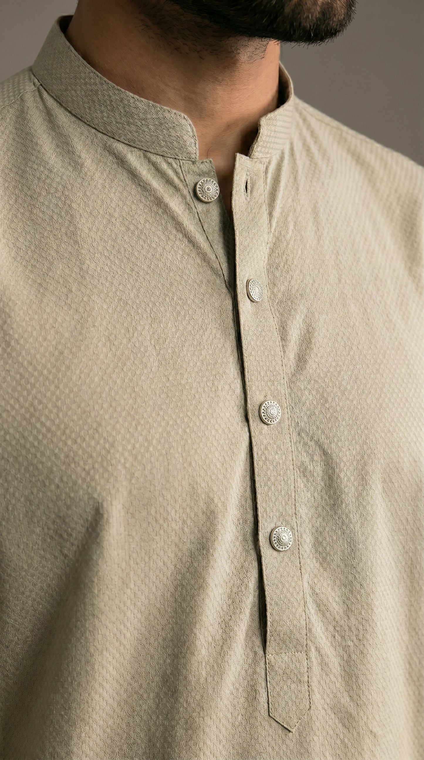 Light Grey Green Cotton Dobby Kurta