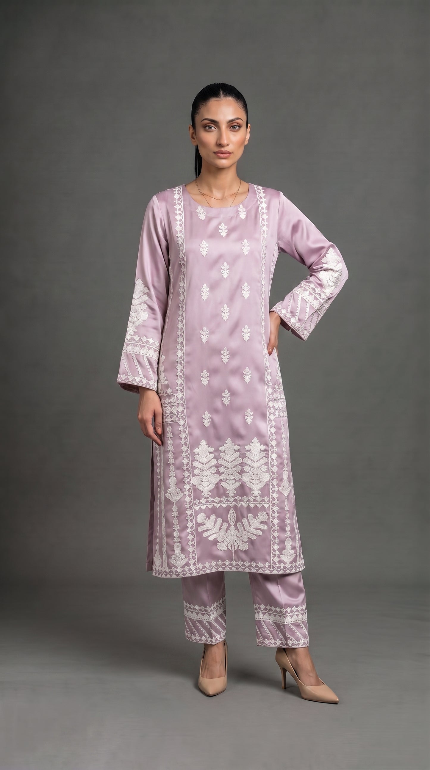 Lilac Lavender Embroidered Satin Silk 2-Piece Suit