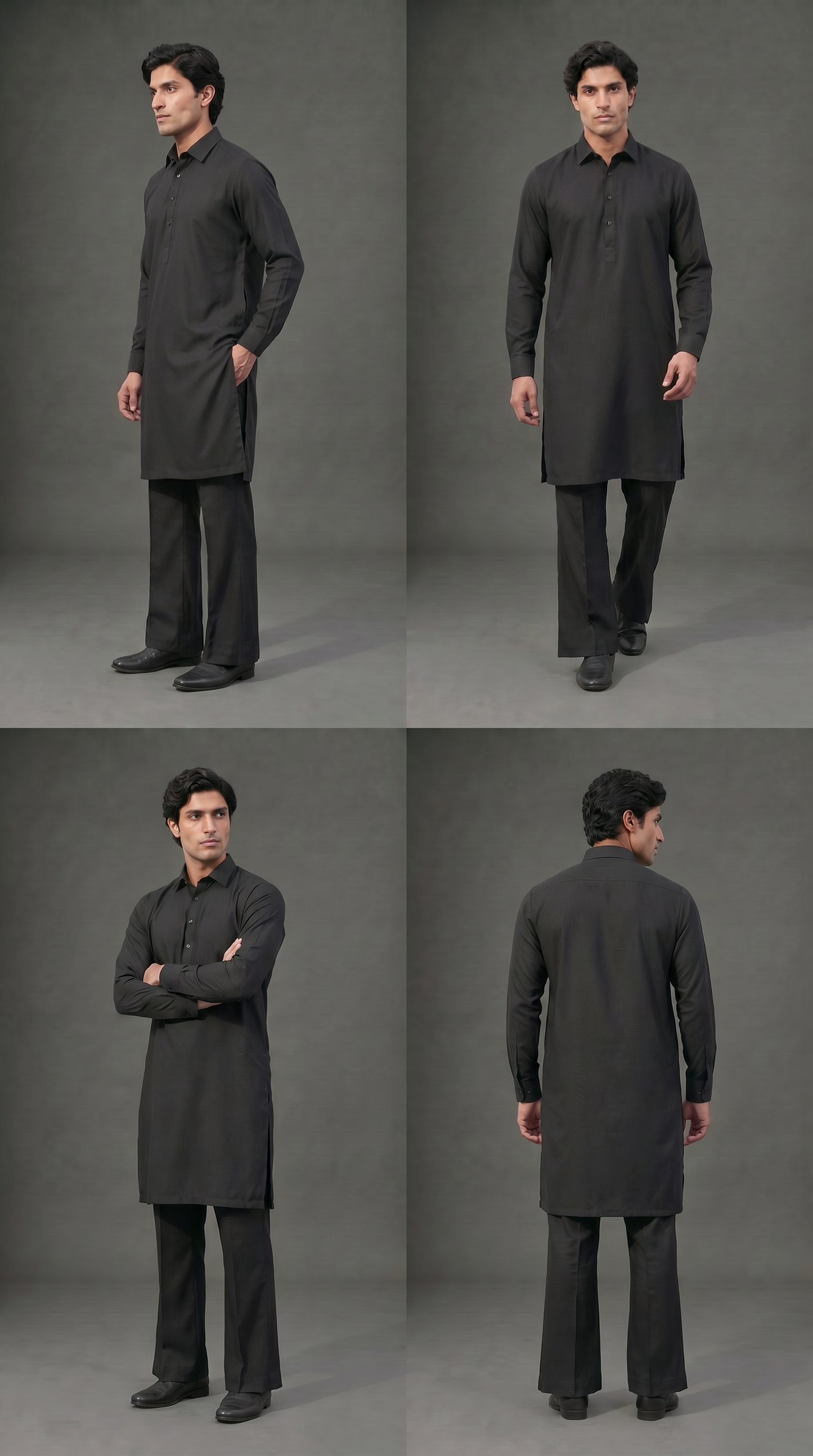 Premium Black Shirt Collar Kameez Flared Pajama Suit (P163) - Slim Fit
