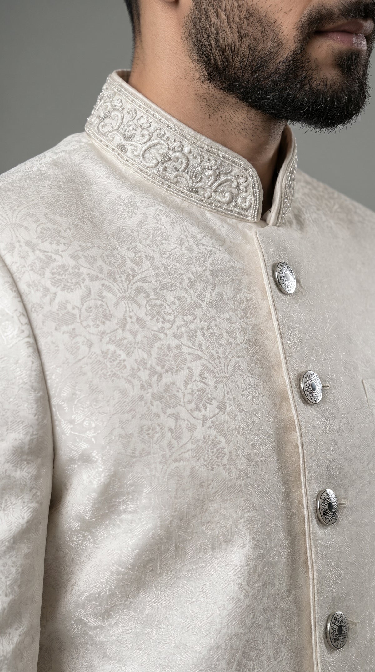 Classic Offwhite Slub Jacquard Sherwani with Silver Embroidered Collar