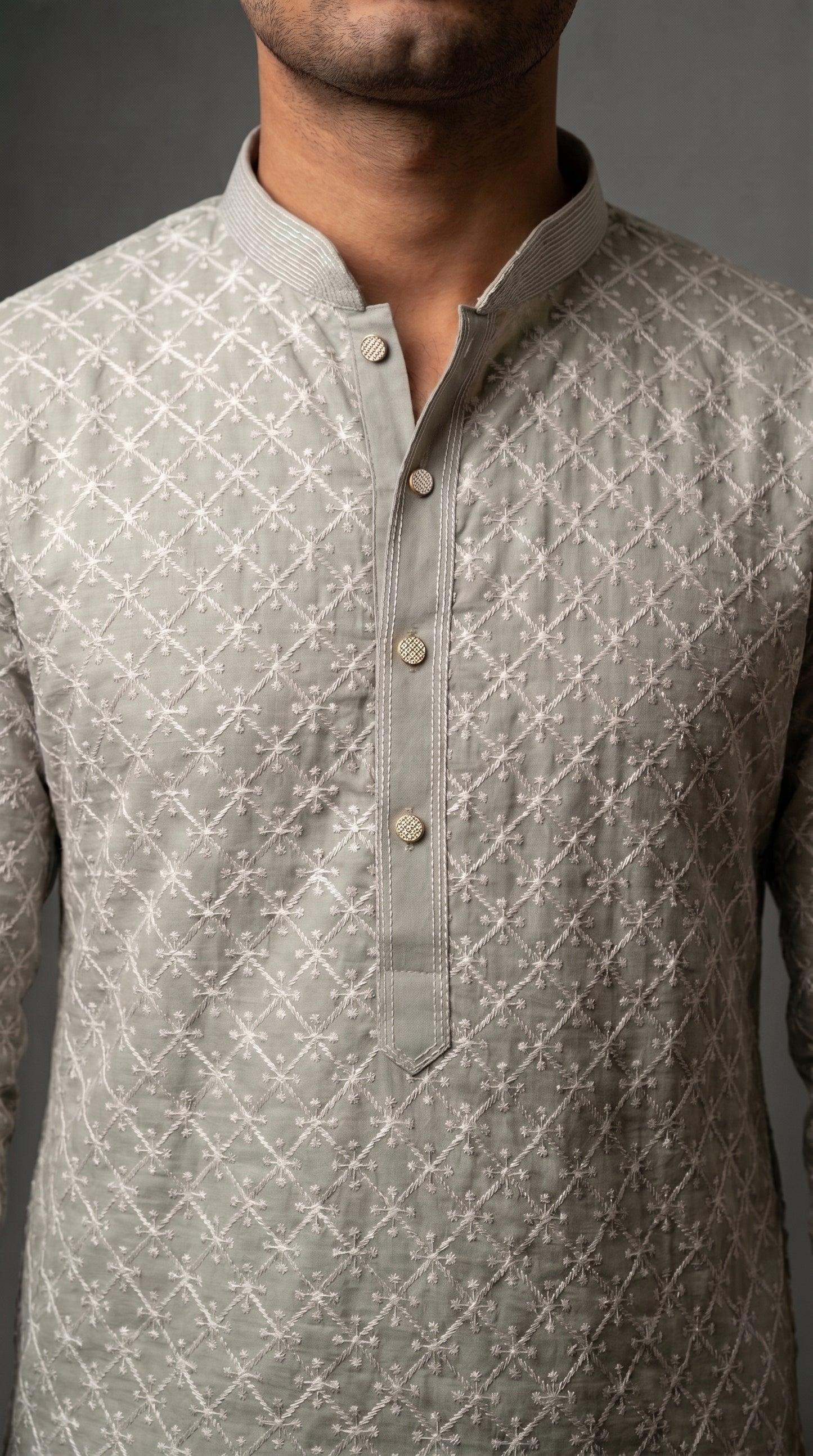 Chikkan Kari Kurta Set with white embroidery - Sage Gray