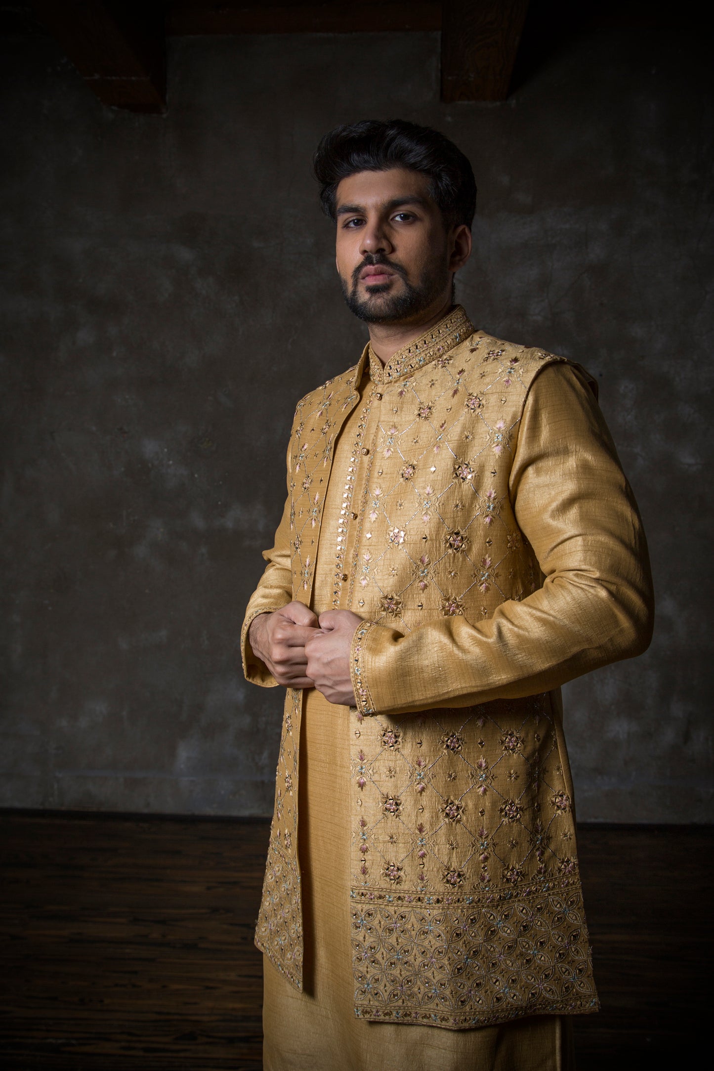 Dark Yellow Long Jacket Sleeveless with Matching Kurta and Off White Pants