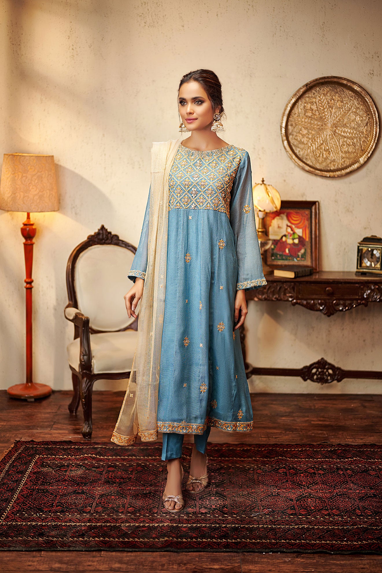 Blue and fashion gold anarkali