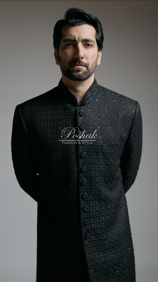 Black Chikkan Kari Sherwani with All over hand work - Custom Order