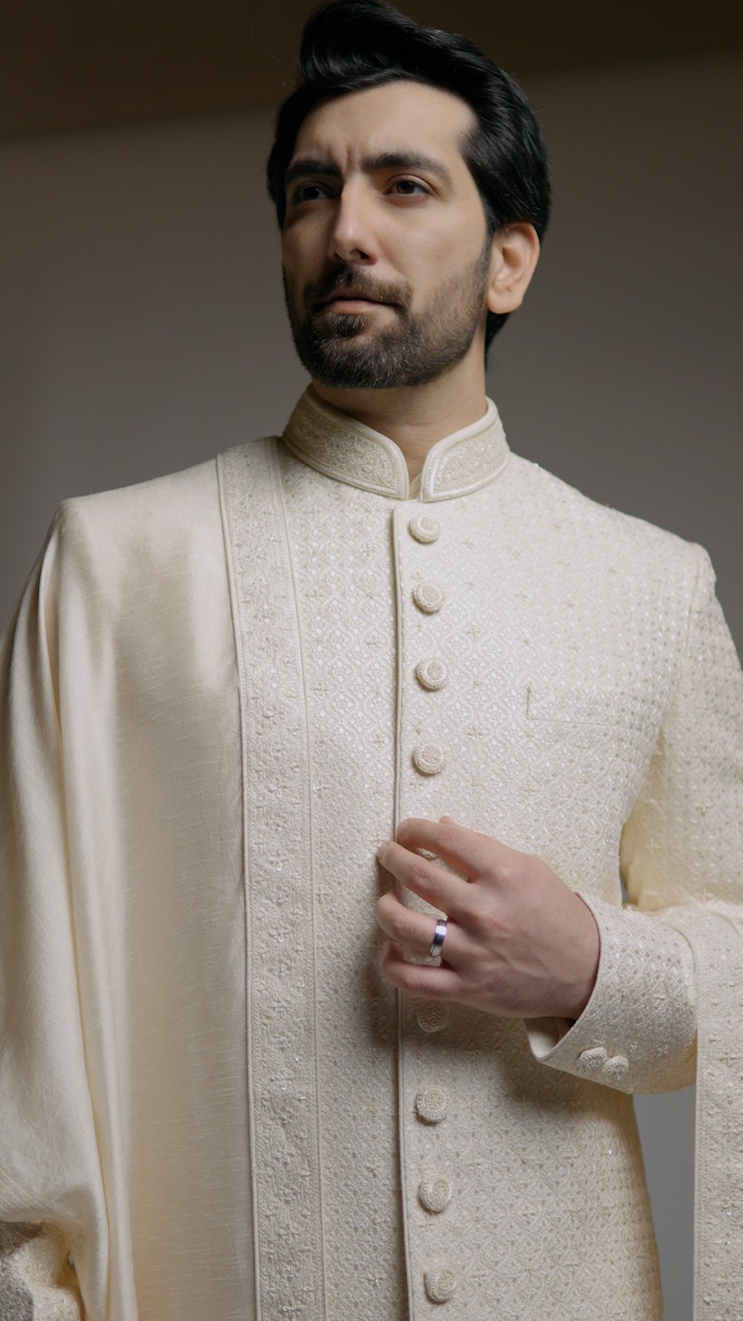 Light Beige Chikkan Kari Sherwani with all over hand work & Shawl - Custom Order