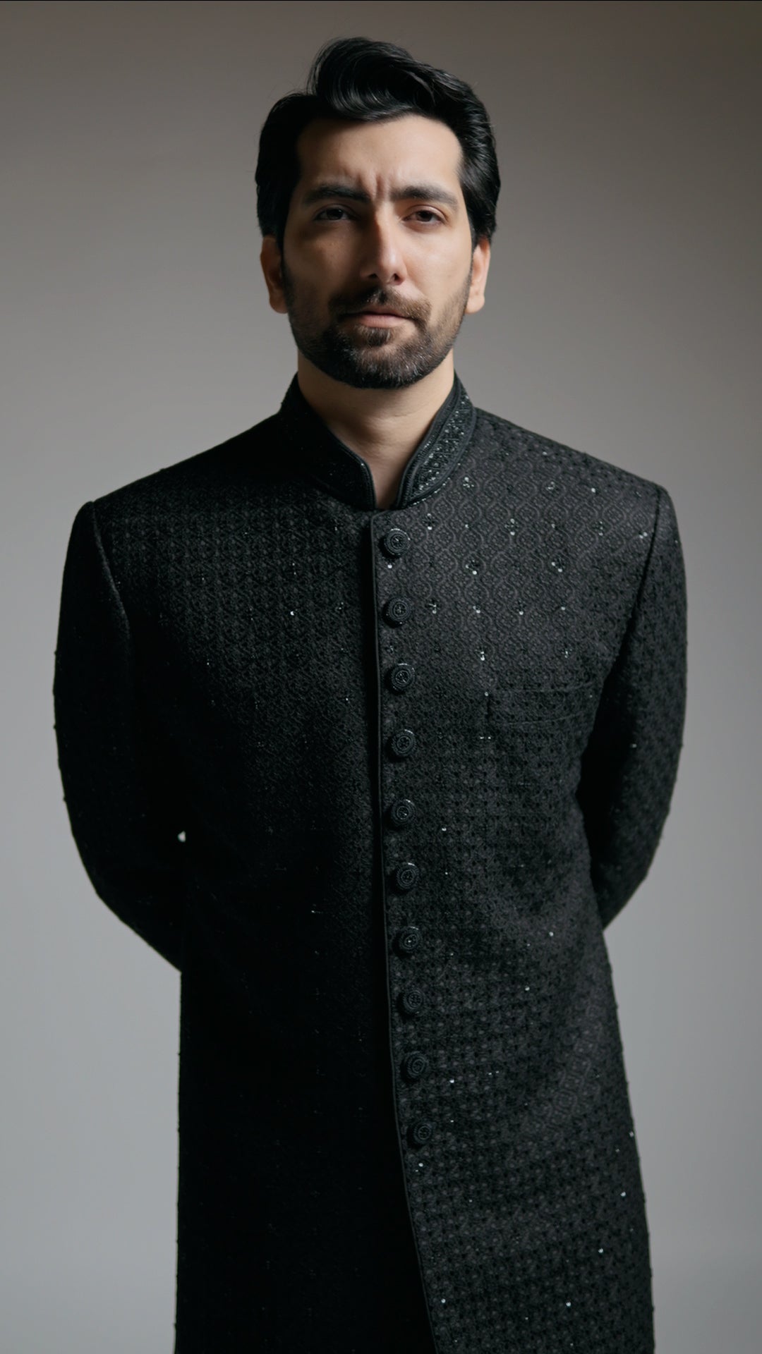 Black Chikkan Kari Sherwani with All over hand work - Custom Order