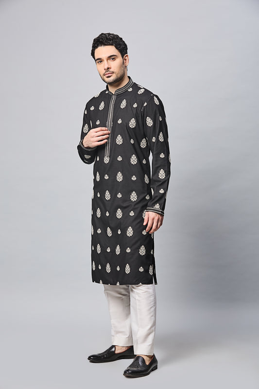 Black with White Embroidery Kurta Set