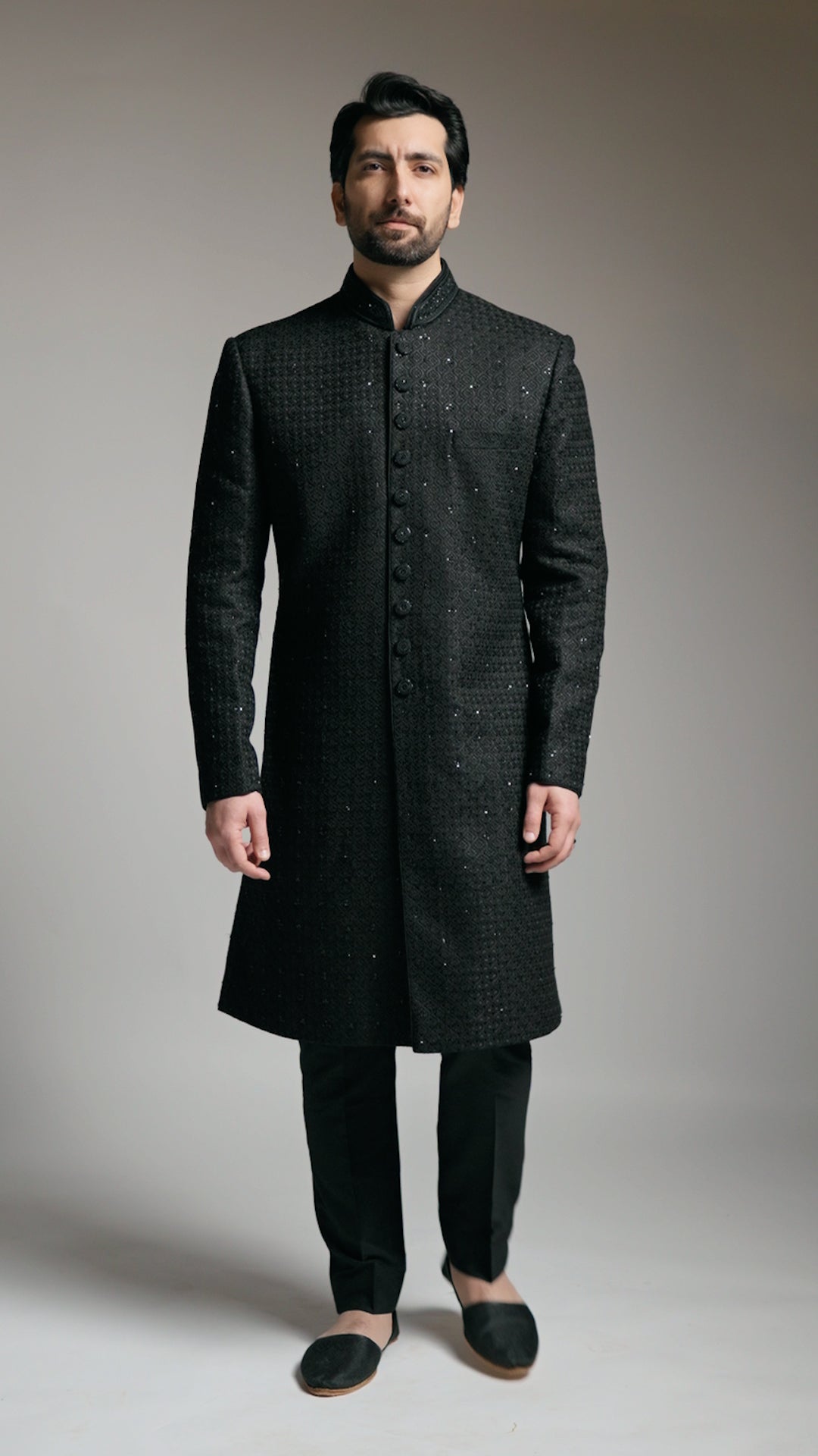 Black Chikkan Kari Sherwani with All over hand work - Custom Order