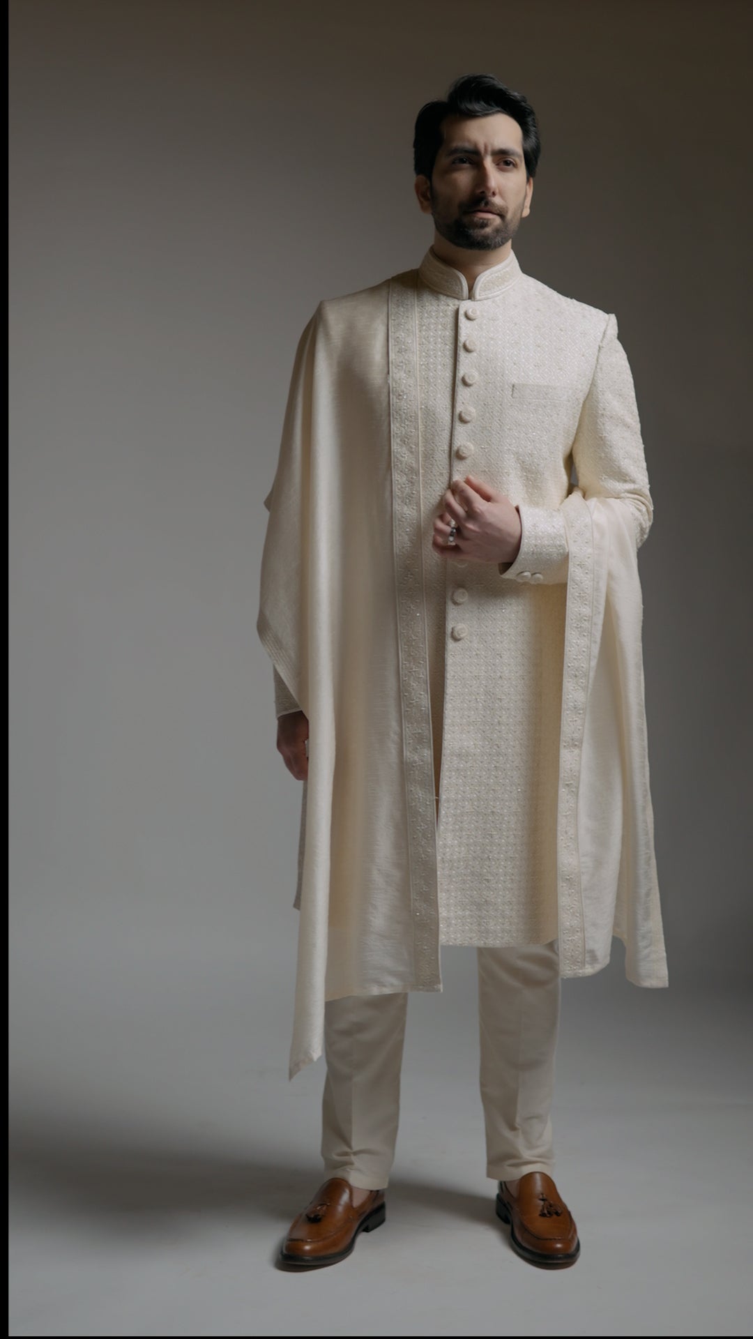 Light Beige Chikkan Kari Sherwani with all over hand work & Shawl - Custom Order