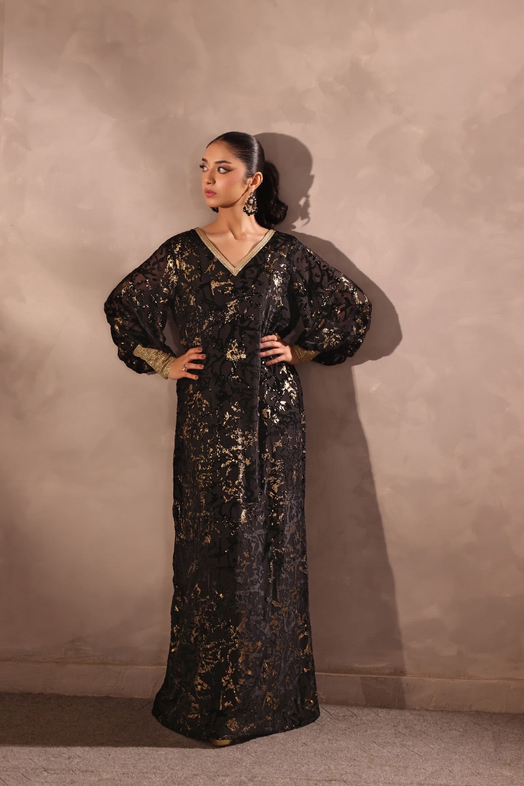 Black Paltachi with Gold Cuff Kaftan