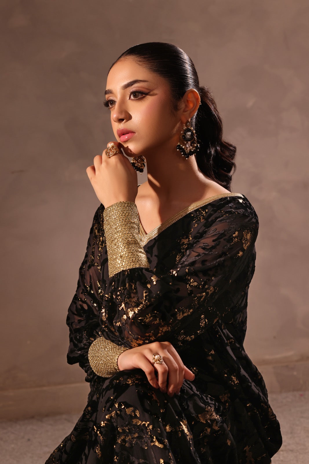 Black Paltachi with Gold Cuff Kaftan