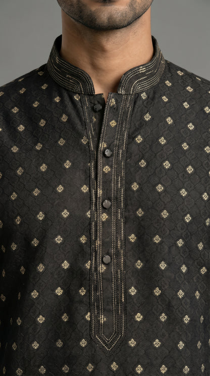 Jamawar Kurta Set With Gold Motif- Black