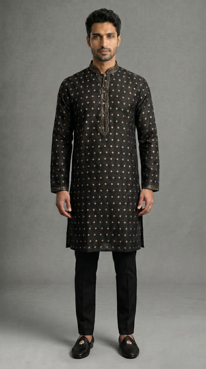 Jamawar Kurta Set With Gold Motif- Black