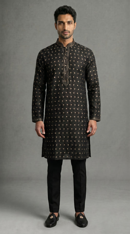 Jamawar Kurta Set With Gold Motif- Black