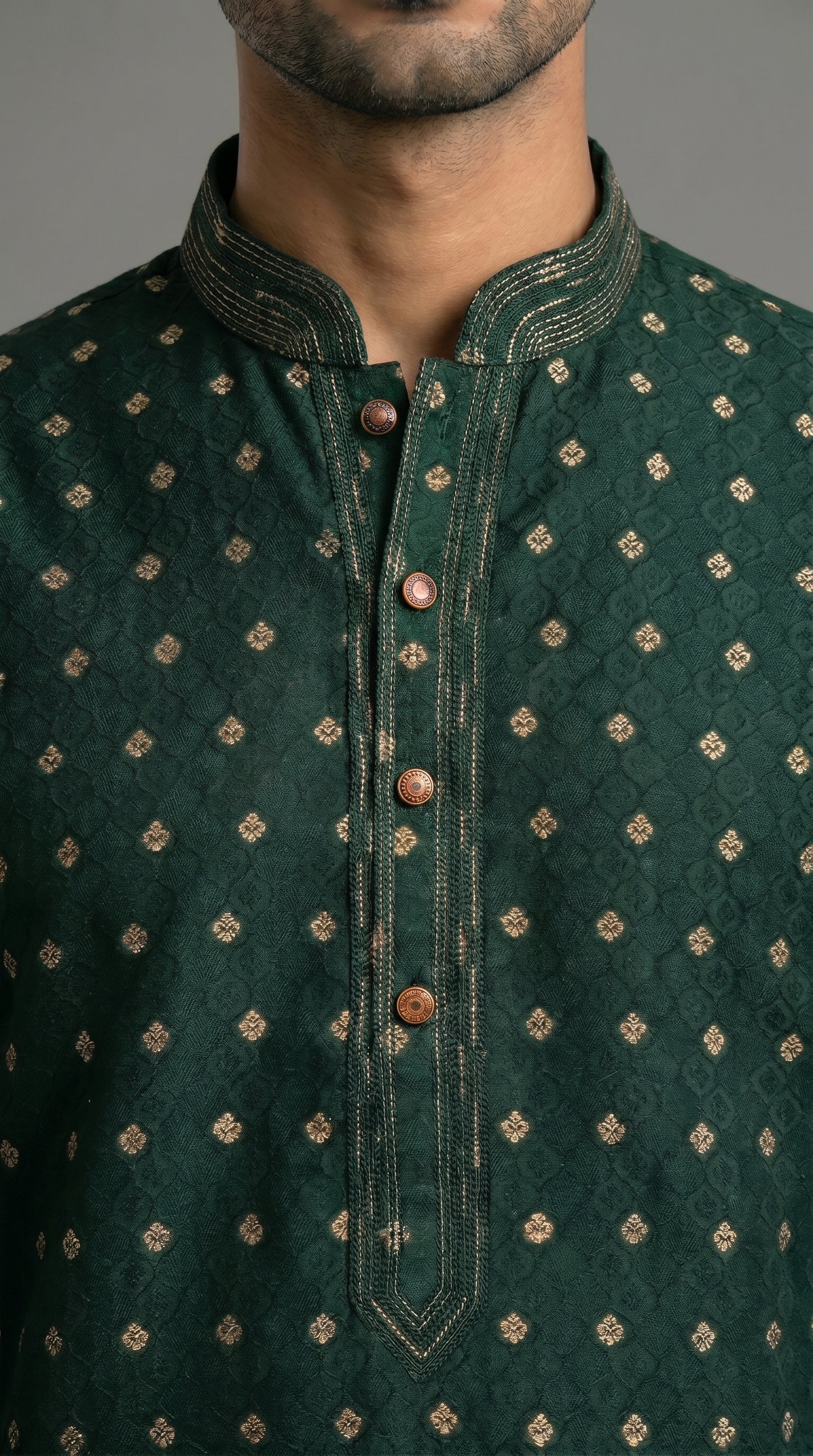 Jamawar Kurta Set With Gold Motif- Emerald Green