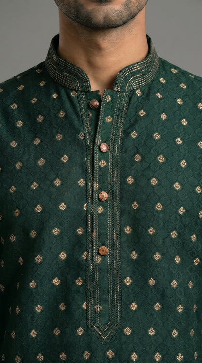 Jamawar Kurta Set With Gold Motif- Emerald Green