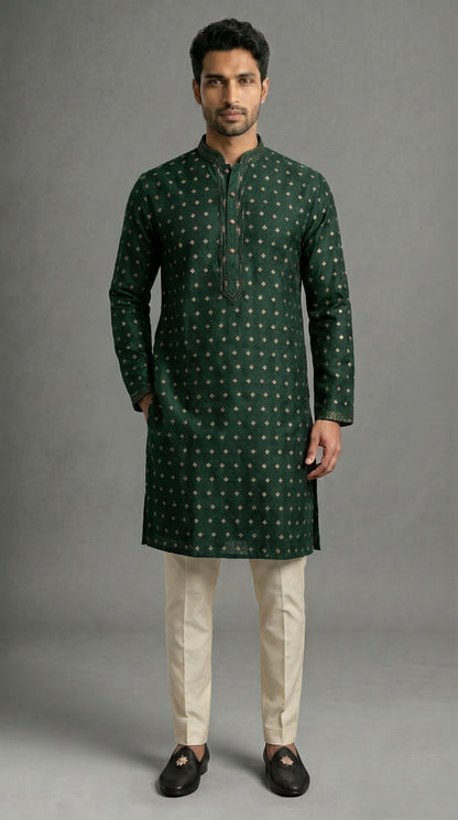 Jamawar Kurta Set With Gold Motif- Emerald Green