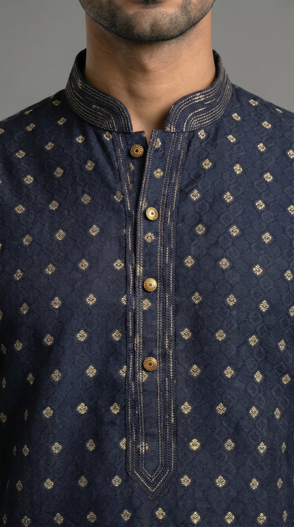 Jamawar Kurta Set With Gold Motif- Navy Blue