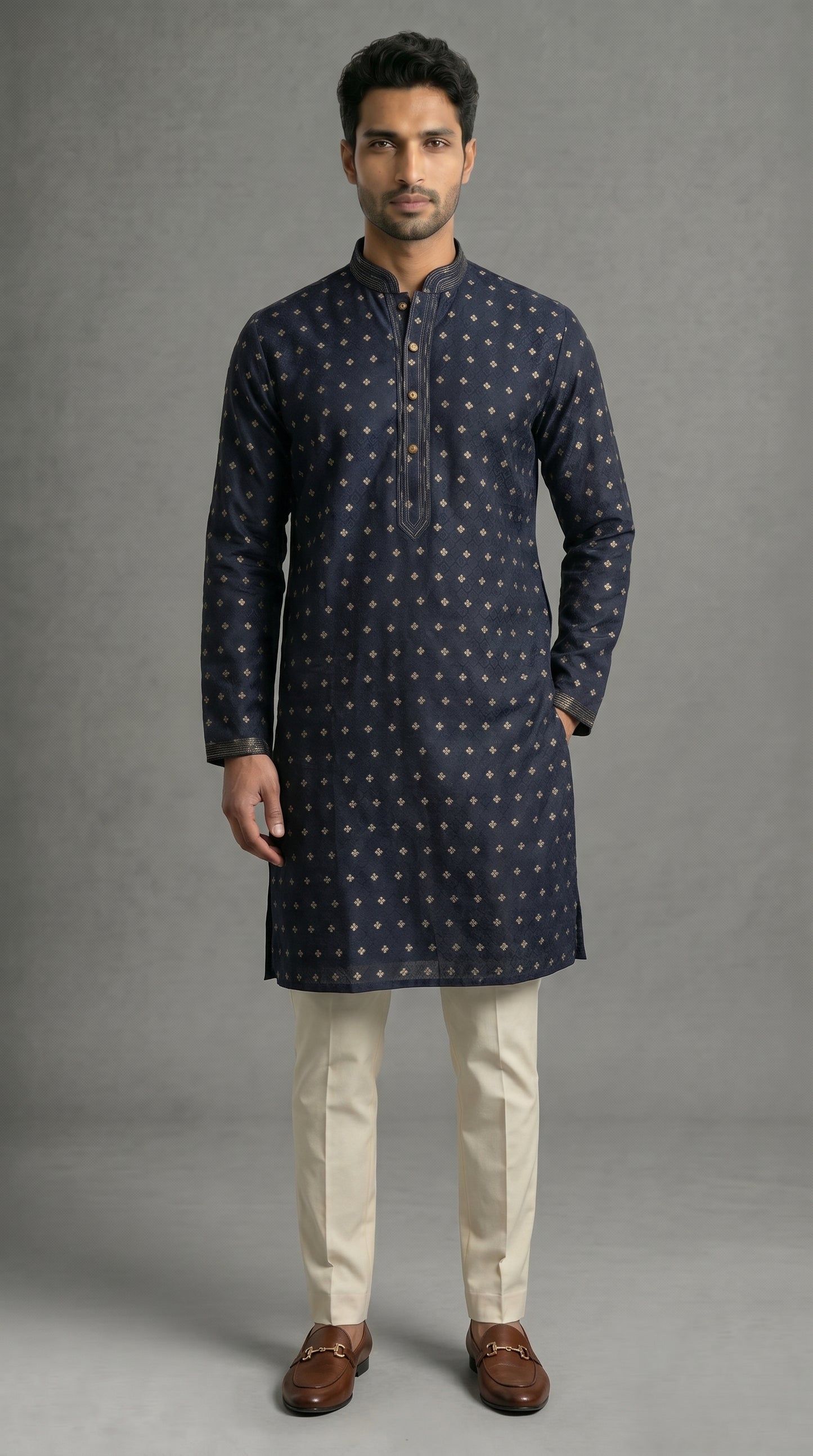 Jamawar Kurta Set With Gold Motif- Navy Blue