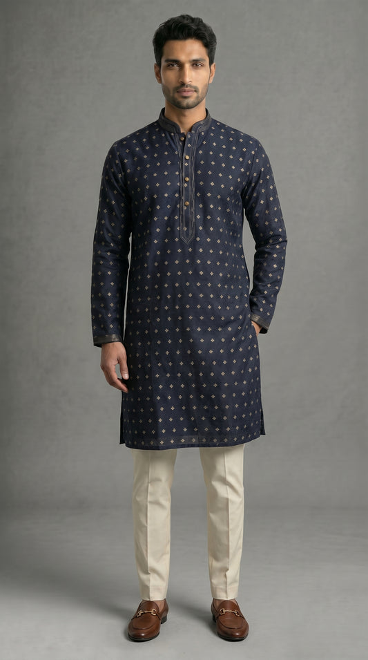Jamawar Kurta Set With Gold Motif- Navy Blue