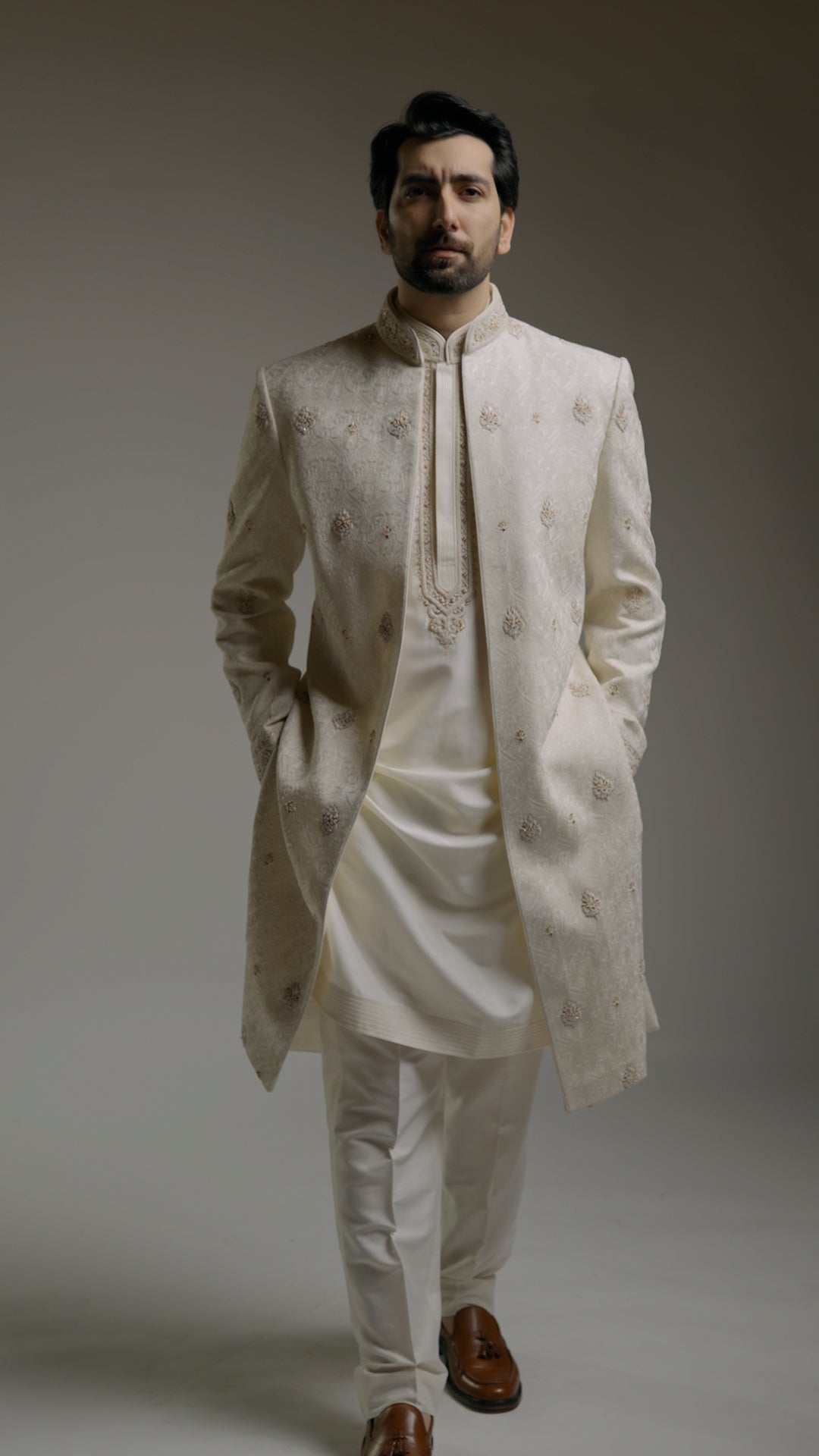 Open Concept Nikkah Sherwani Kashida Kari with Antique Embroidery -Custom Order